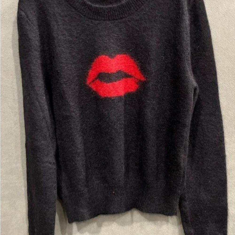 Saint Laurent Black Sweater with Red Lips Motif